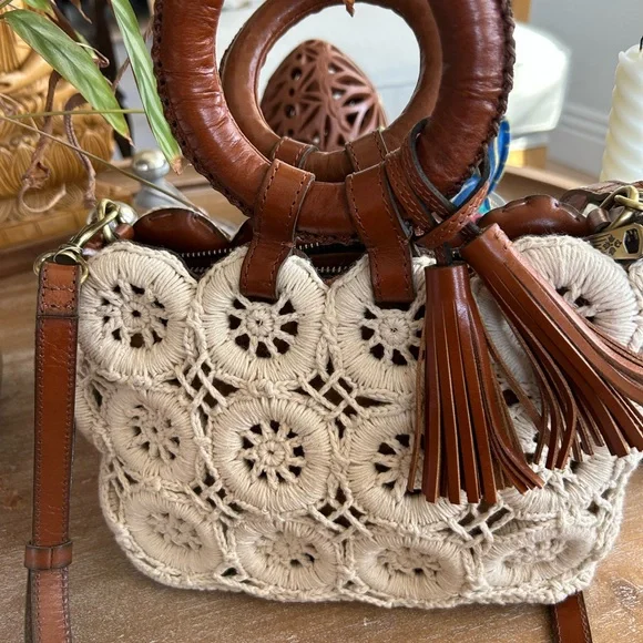Patricia Nash Cream Crochet Bag with Brown Leather Accents - Picture 4 of 5